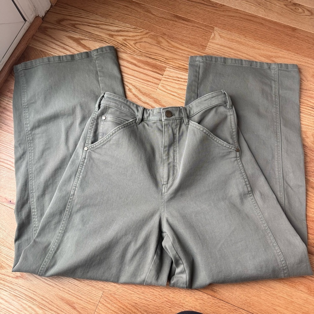 Pilcro Breaker Wide Leg Cotton Pants Olive Green Elastic Waist - Size Small - Picture 2 of 7